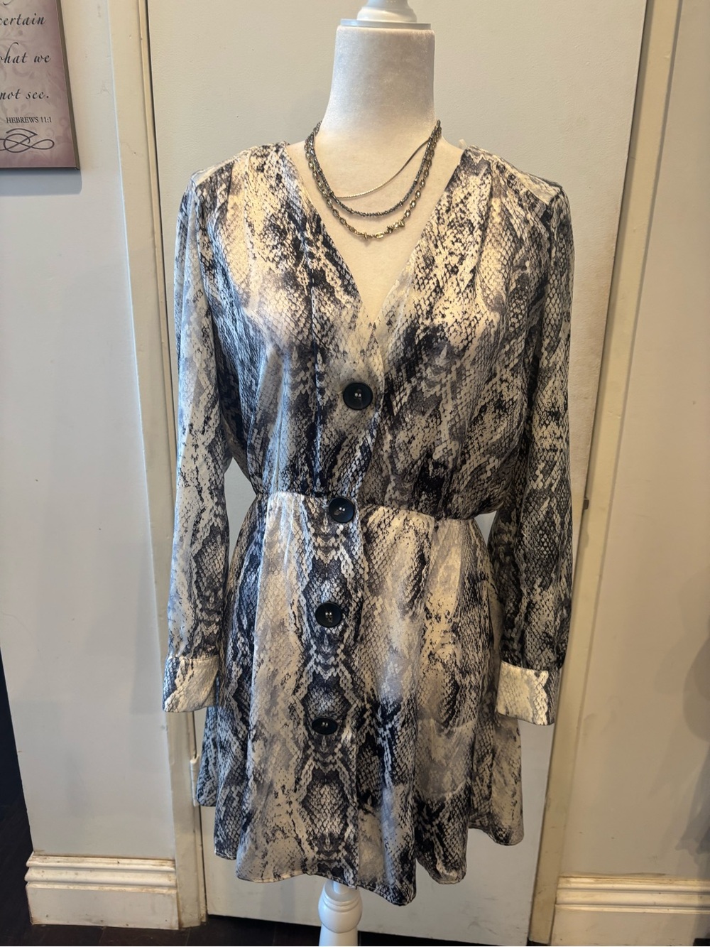 Zara Snake-Print Long Sleeve Dress in Black & White